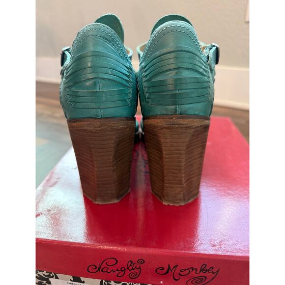 Naughty Monkey "Killion" Turquoise leather peep toe woven bootie SZ 7 - Picture 5 of 9
